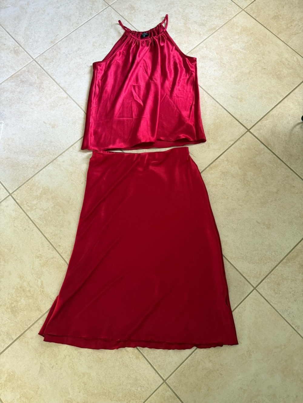 Red Satin Slip Skirt Set  - Women's Elegant A-Line Skirt and Top